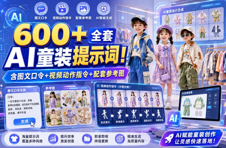 600+全套AI童装提示词！含图文口令+视频动作指令+配套参考图，Word-Excel规整分类，童装电商、种草无脑量产内容！-豌豆轻创