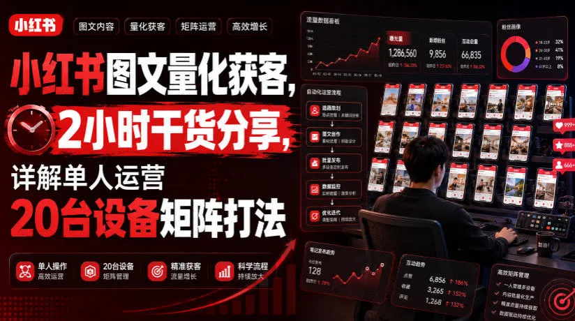 小红书图文量化获客，2小时干货分享，详解单人运营20台设备矩阵打法-豌豆轻创