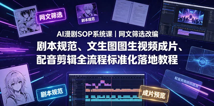 AI漫剧SOP系统课｜网文筛选改编、剧本规范、文生图图生视频成片、配音剪辑全流程标准化落地教程(更新)-豌豆轻创