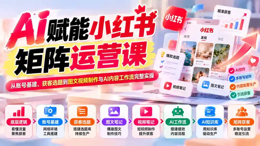 AI赋能小红书矩阵运营课：从账号基建、获客选题到图文视频制作与AI内容工作流完整实操-豌豆轻创