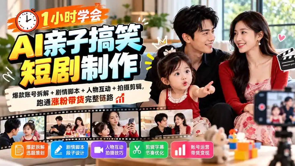 1小时学会AI亲子搞笑短剧制作：爆款账号拆解+剧情脚本+人物互动+拍摄剪辑，跑通涨粉带货完整链路-豌豆轻创