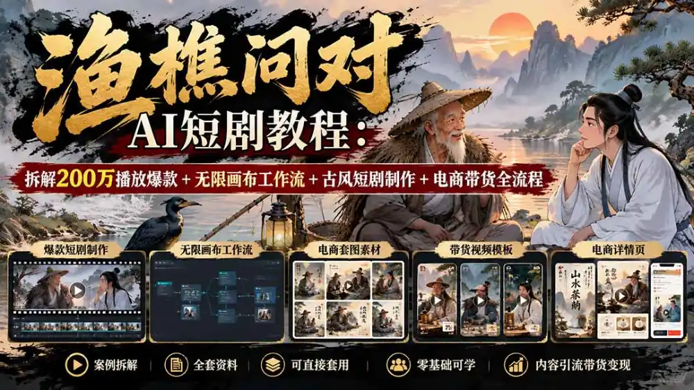 【无水印】渔樵问对AI短剧教程：拆解200万播放爆款+无限画布工作流+古风短剧制作+电商带货全流程-豌豆轻创