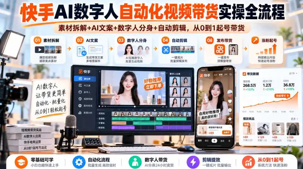 快手AI数字人自动化视频带货实操全流程｜素材拆解+AI文案+数字人分身+自动剪辑，从0到1起号带货(更新26年)-豌豆轻创
