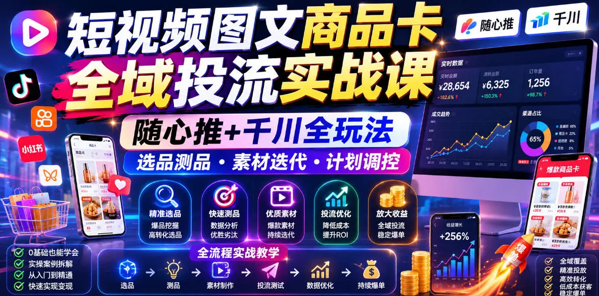 短视频图文商品卡全域投流实战课，随心推+千川全玩法，选品测品・素材迭代・计划调控，提升ROI爆单增收教程-豌豆轻创