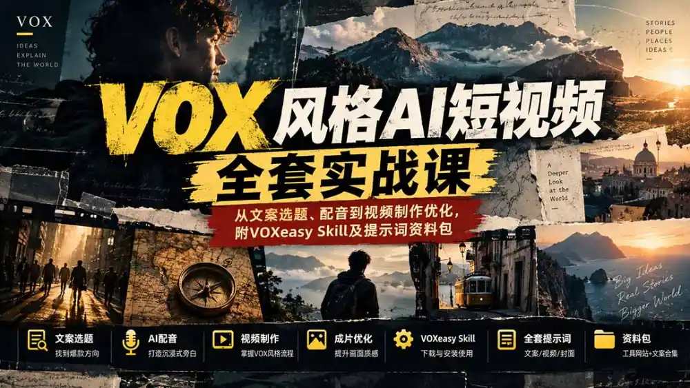 【无水印】VOX风格AI短视频全套实战课：从文案选题、配音到视频制作优化，附VOXeasy Skill及提示词资料包-豌豆轻创