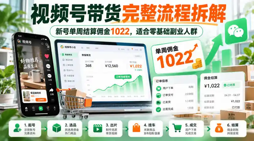 视频号带货完整流程拆解，新号单周结算佣金1022，适合零基础副业人群-豌豆轻创