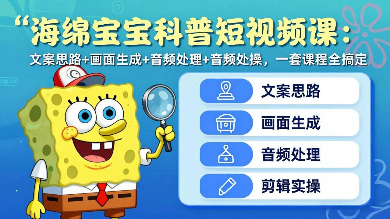 海绵宝宝科普短视频课：文案思路+画面生成+音频处理+剪辑实操，一套课程全搞定-豌豆轻创