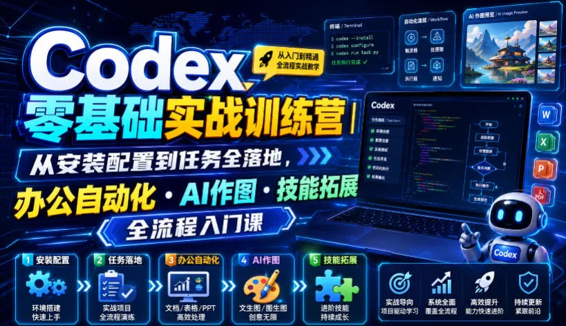 Codex零基础实战训练营｜从安装配置到任务全落地，办公自动化・AI作图・技能拓展全流程入门课-豌豆轻创