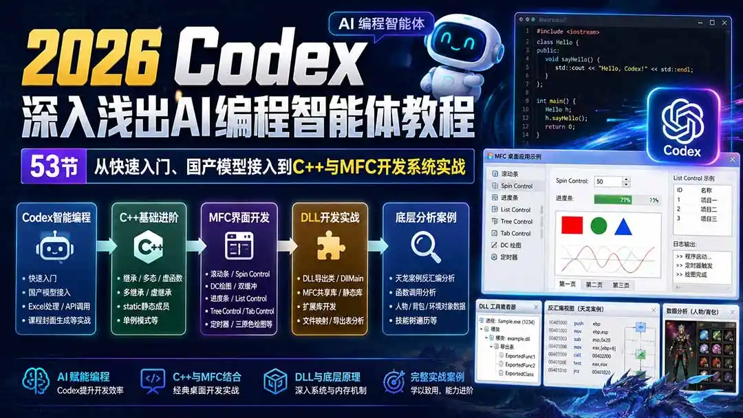 2026 Codex深入浅出AI编程智能体教程:53节从快速入门、国产模型接入到C++与MFC开发系统实战-豌豆轻创