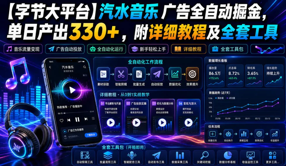 【字节大平台】汽水音乐广告全自动掘金，单日产出330+，附详细教程及全套工具【揭秘】-豌豆轻创