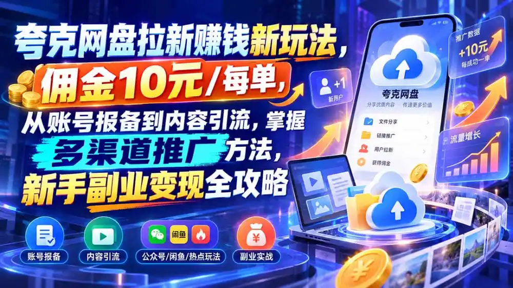 夸克网盘拉新赚钱新玩法，佣金10元/每单，从账号报备到内容引流，掌握多渠道推广方法，新手副业变现全攻略-豌豆轻创