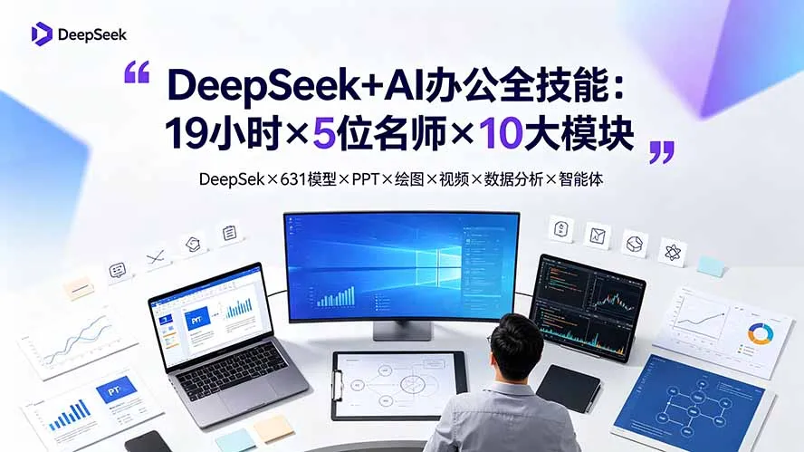 DeepSeek+AI办公全技能：19小时×5位名师×10大模块，DeepSeek×631模型×PPT×绘图×视频×数据分析×智能体-豌豆轻创