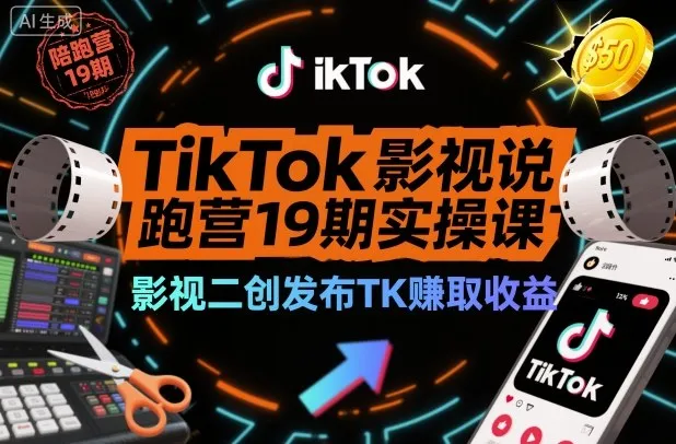 TikTok影视解说陪跑营19期实操课,影视二创发布TK賺取收益,万播收益50美金-轻创