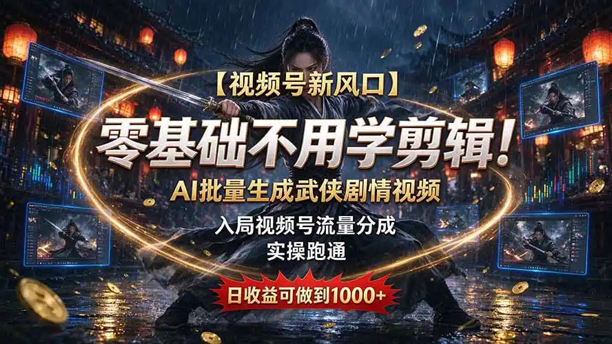 【视频号新风口】零基础不用学剪辑！AI 批量生成武侠剧情视频，入局视频号流量分成，实操跑通，日收益可做到 1000+-豌豆轻创