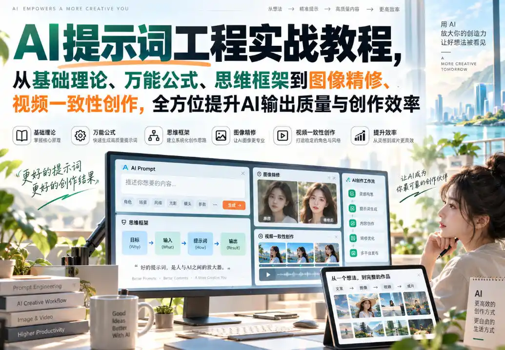 AI提示词工程实战教程,从基础理论、万能公式、思维框架到图像精修、视频一致性创作,全方位提升AI输出质量与创作效率-豌豆轻创