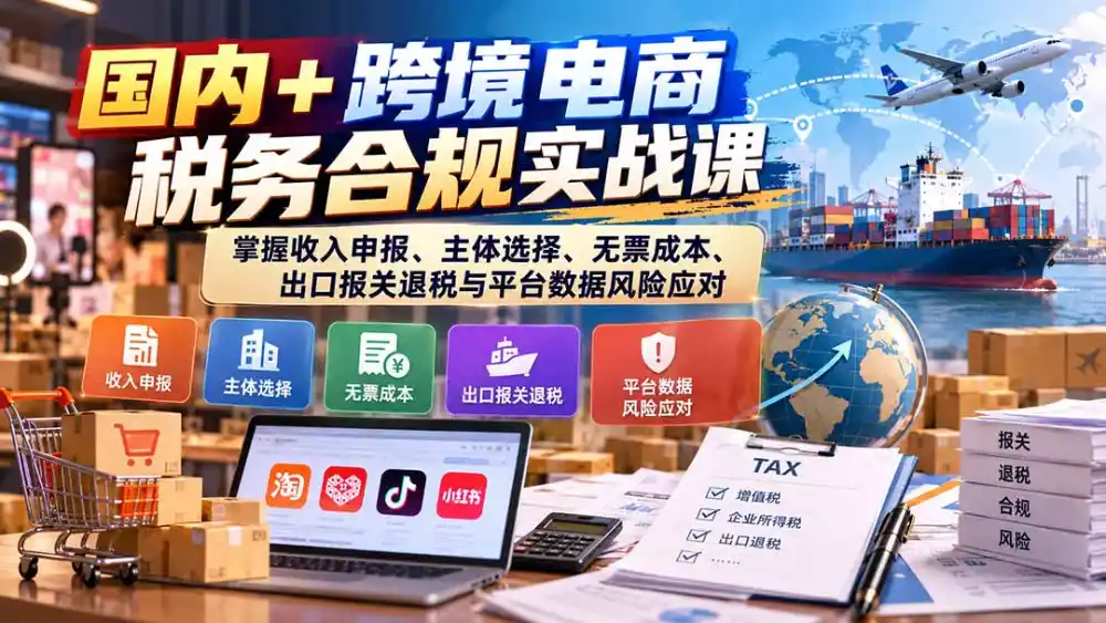 国内+跨境电商税务合规实战课：掌握收入申报、主体选择、无票成本、出口报关退税与平台数据风险应对-豌豆轻创