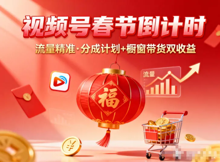 视频号做春节倒计时，流量精准，分成计划+橱窗带货双收益-轻创