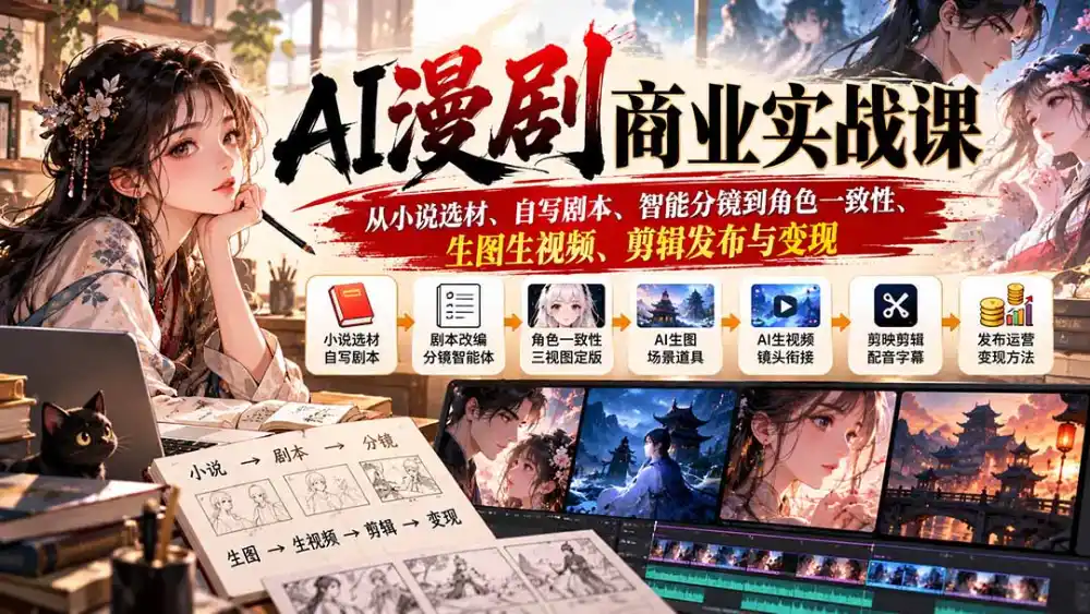 AI漫剧商业实战课：从小说选材、自写剧本、智能分镜到角色一致性、生图生视频、剪辑发布与变现-豌豆轻创