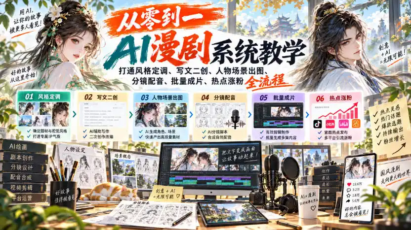 从零到一AI漫剧系统教学,打通风格定调、写文二创、人物场景出图、分镜配音、批量成片、热点涨粉全流程-豌豆轻创