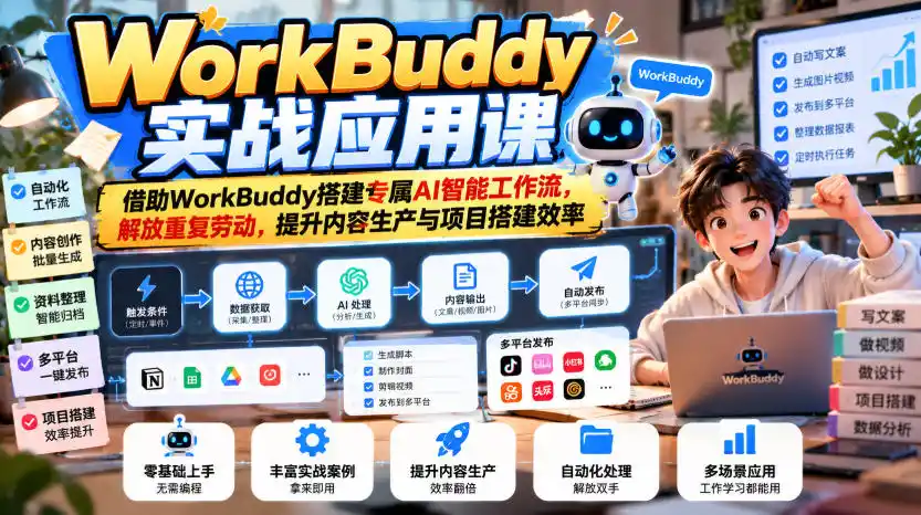 WorkBuddy实战应用课，借助WorkBuddy搭建专属AI智能工作流，解放重复劳动，提升内容生产与项目搭建效率-豌豆轻创