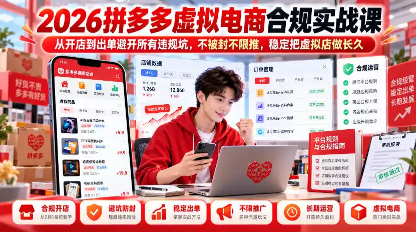 2026拼多多虚拟电商合规实战课，从开店到出单避开所有违规坑，不被封不限推，稳定把虚拟店做长久-豌豆轻创