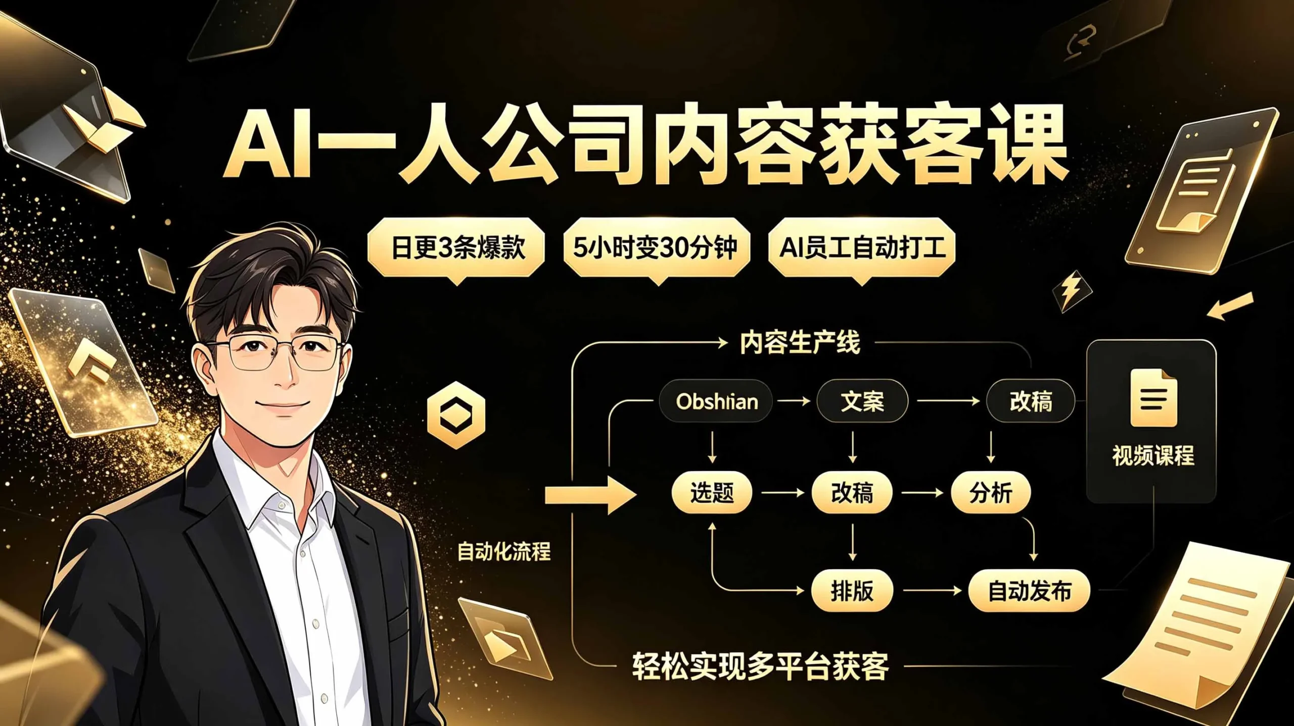AI一人公司内容获客课：日更3条爆款×5小时变30分钟×AI员工自动打工，轻松实现多平台获客-豌豆轻创