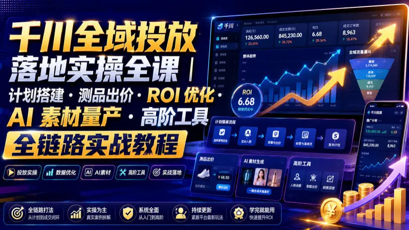 千川全域投放落地实操全课｜计划搭建・测品出价・ROI优化・AI素材量产・高阶工具全链路实战教程-豌豆轻创
