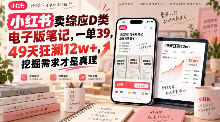 小红书卖综应D类电子版笔记，一单39，49天狂澜12w+，挖掘需求才是真理-豌豆轻创