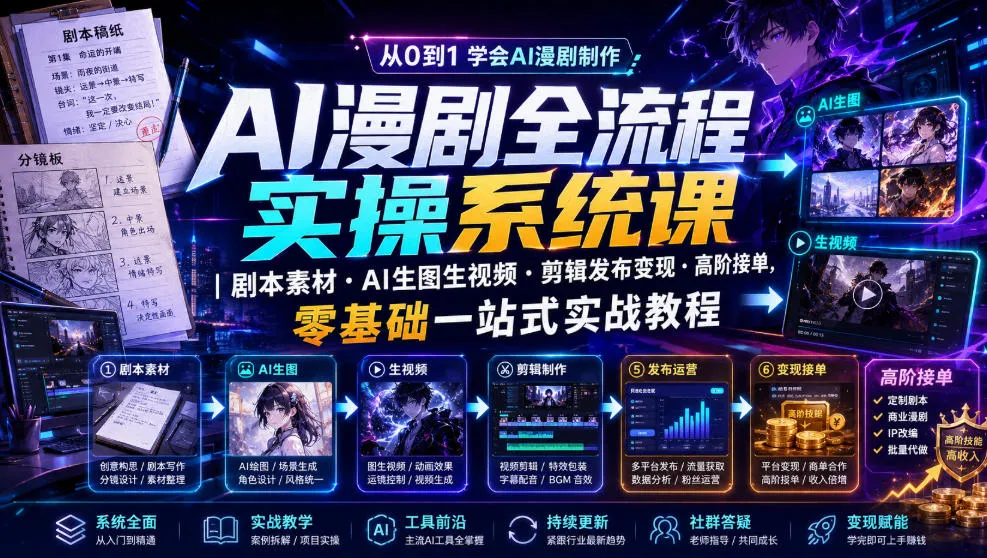 AI漫剧全流程实操系统课|剧本素材・AI生图生视频・剪辑发布变现・高阶接单,零基础一站式实战教程-豌豆轻创