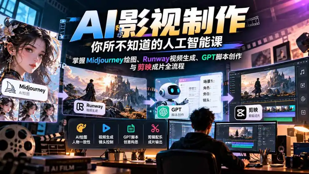 【无水印】AI影视制作-你所不知道的人工智能课，掌握Midjourney绘图、Runway视频生成、GPT脚本创作与剪映成片全流程-豌豆轻创