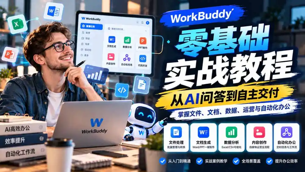 WorkBuddy零基础实战教程：从AI问答到自主交付，掌握文件、文档、数据、运营与自动化办公-豌豆轻创