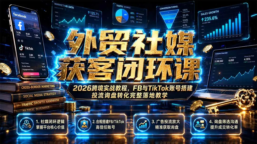 外贸社媒获客闭环课｜2026跨境实战教程，FB与TikTok账号搭建投流询盘转化完整落地教学-豌豆轻创