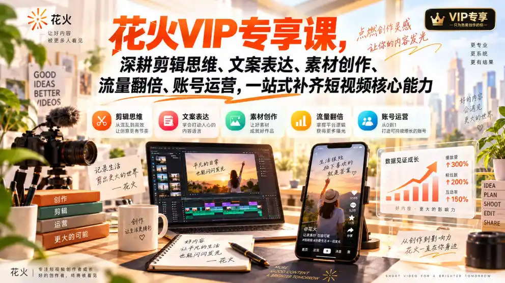 花火VIP专享课，深耕剪辑思维、文案表达、素材创作、流量翻倍、账号运营，一站式补齐短视频核心能力-豌豆轻创