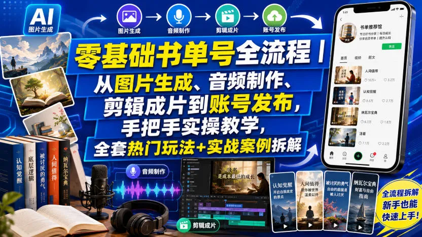 零基础书单号全流程｜从图片生成、音频制作、剪辑成片到账号发布，手把手实操教学，全套热门玩法+实战案例拆解-豌豆轻创