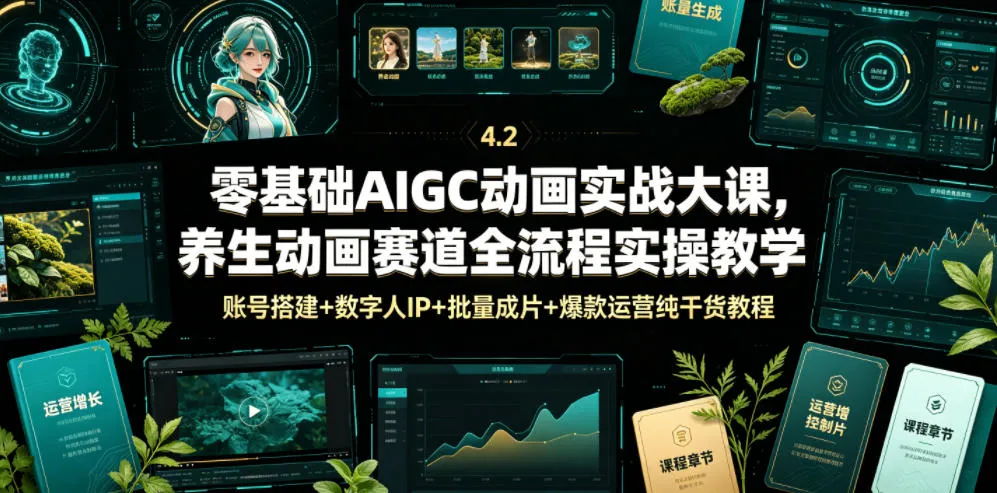 零基础AIGC动画实战大课，养生动画赛道全流程实操教学，账号搭建+数字人IP+批量成片+爆款运营纯干货教程-豌豆轻创