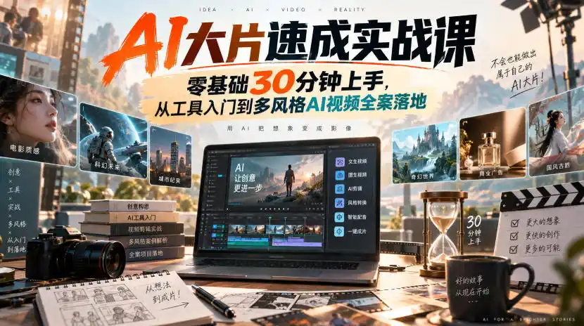 AI大片速成实战课｜零基础30分钟上手，从工具入门到多风格AI视频全案落地-豌豆轻创