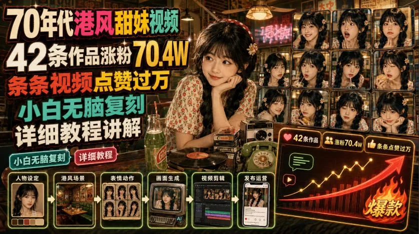70年代港风甜妹视频,42条作品涨粉70.4W,条条视频点赞过万,小白无脑复刻,详细教程讲解-豌豆轻创