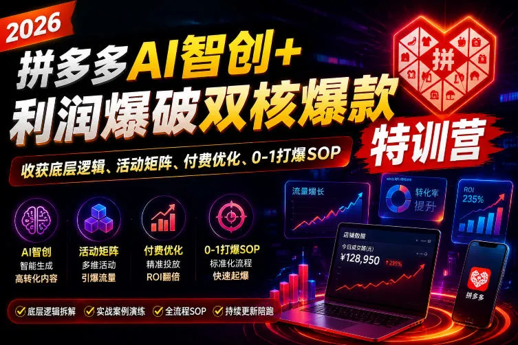 2026拼多多AI智创+利润爆破双核爆款特训营，收获底层逻辑、活动矩阵、付费优化、0-1打爆SOP(更新0727)-豌豆轻创