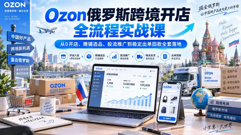 Ozon俄罗斯跨境开店全流程实战课｜从0开店、精铺选品、投流推广到稳定出单回款全套落地-豌豆轻创