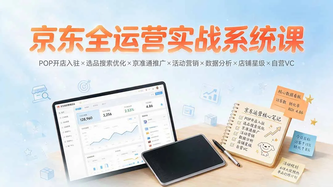 京东全运营实战系统课：POP开店入驻×选品搜索优化×京准通推广×活动营销×数据分析×店铺星级×自营VC-豌豆轻创
