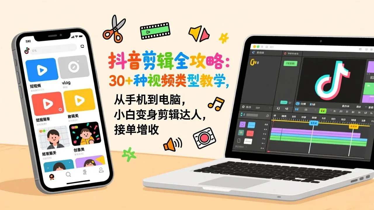 抖音剪辑全攻略：30+种视频类型教学，从手机到电脑，小白变身剪辑达人，接单增收-轻创