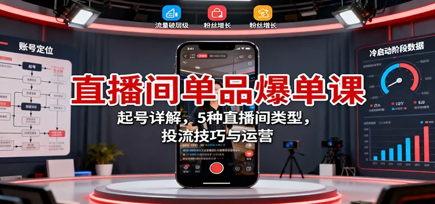 直播间单品爆单课：起号详解，5种直播间类型，投流技巧与运营-轻创