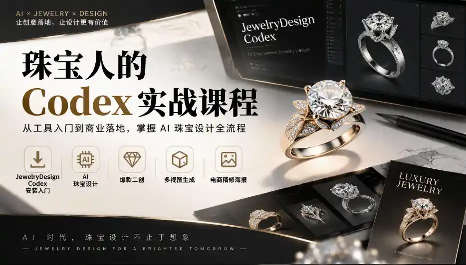 珠宝人的Codex实战课程｜JewelryDesign Codex安装入门、AI珠宝设计、爆款二创、多视图生成、电商精修海报全链路教学-豌豆轻创