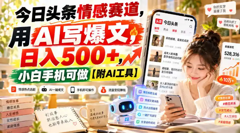 今日头条情感赛道，用AI写爆文，日入500+，小白手机可做【附AI工具】-豌豆轻创