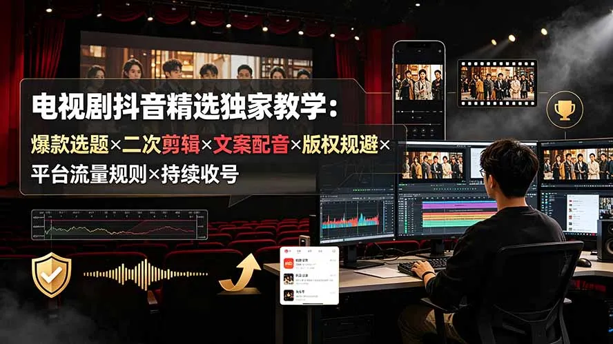电视剧抖音精选独家教学:爆款选题×二次剪辑×文案配音×版权规避×平台流量规则×持续收益账号-豌豆轻创