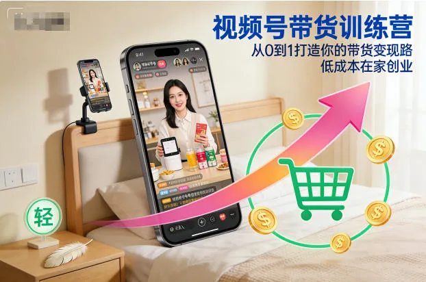 视频号带货训练营，从0到1打造你的带货变现路，低成本在家创业-轻创