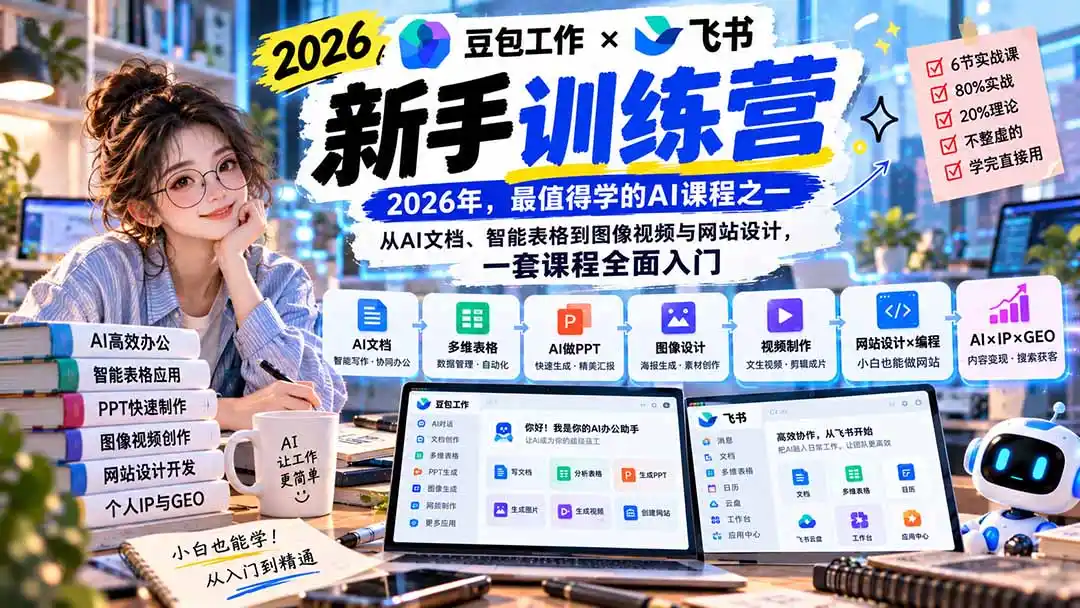 2026豆包工作+飞书新手训练营-9月新课：从AI文档、智能表格到图像视频与网站设计，一套课程全面入门-豌豆轻创