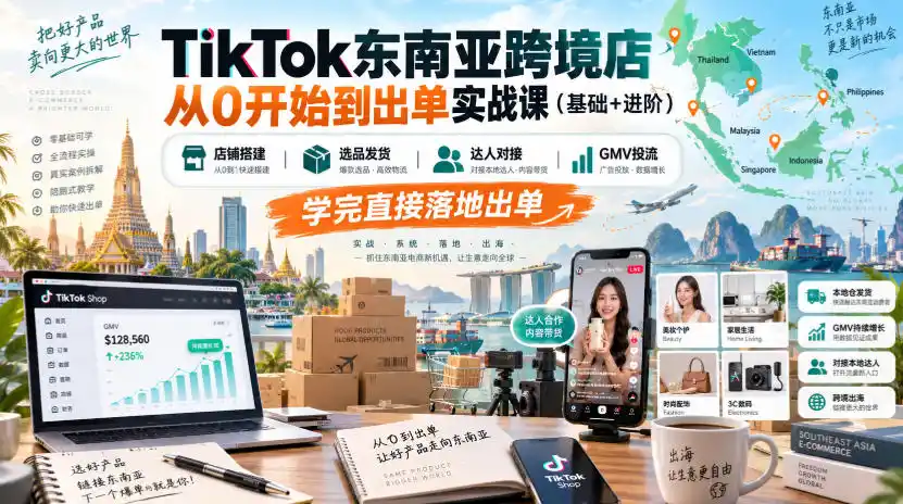 TikTok东南亚跨境店从0开始到出单实战课(基础+进阶)，店铺搭建、选品发货、达人对接、GMV投流，学完直接落地出单-豌豆轻创