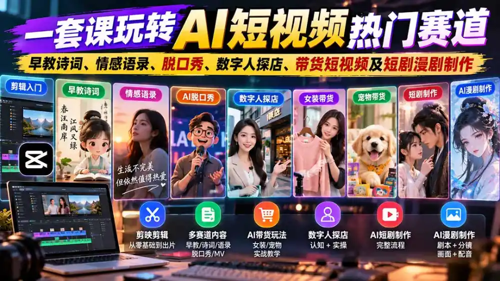 一套课玩转AI短视频热门赛道：早教诗词、情感语录、脱口秀、数字人探店、带货短视频及短剧漫剧制作 复制标题-豌豆轻创