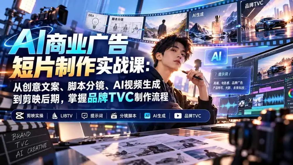 AI商业广告短片制作实战课：从创意文案、脚本分镜、AI视频生成到剪映后期，掌握品牌TVC制作流程-豌豆轻创